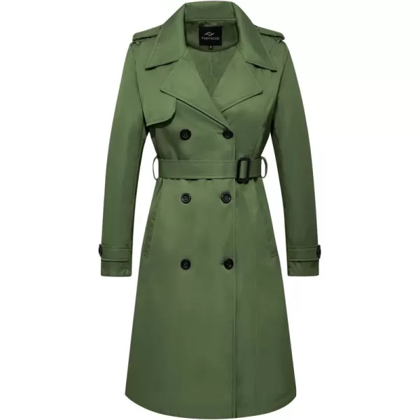 imageFARVALUE Womens Long Trenchcoat Double Breasted Trench Coat Water Resistant Classic Peacoat with BeltGreen