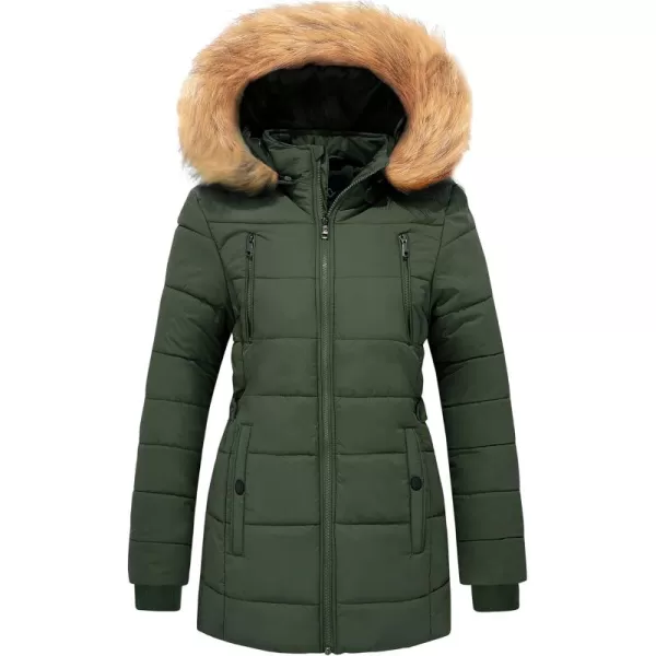 imageFARVALUE Womens Water Resistant Winter Coat Thicken Puffer Jacket Warm Quilted Parka Padded Windbreaker with Removable HoodArmy Green