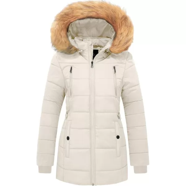 imageFARVALUE Womens Water Resistant Winter Coat Thicken Puffer Jacket Warm Quilted Parka Padded Windbreaker with Removable HoodBeige