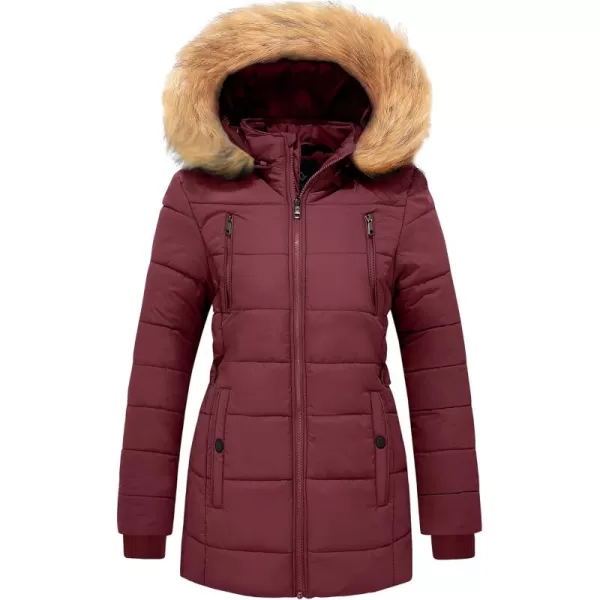 imageFARVALUE Womens Water Resistant Winter Coat Thicken Puffer Jacket Warm Quilted Parka Padded Windbreaker with Removable HoodWine Red