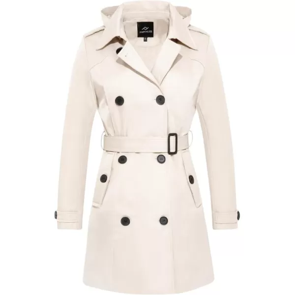 imageFARVALUE Womens Waterproof Trench Coat Double Breasted Windbreaker Classic Belted Lapel Overcoat with Removable HoodBeige