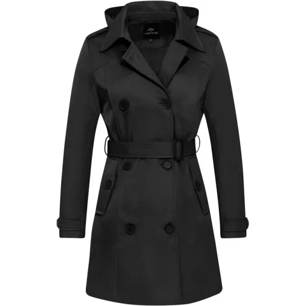 imageFARVALUE Womens Waterproof Trench Coat Double Breasted Windbreaker Classic Belted Lapel Overcoat with Removable HoodBlack Cotton Lined