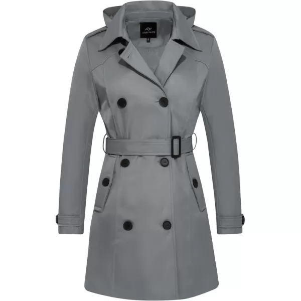 imageFARVALUE Womens Waterproof Trench Coat Double Breasted Windbreaker Classic Belted Lapel Overcoat with Removable HoodGrey