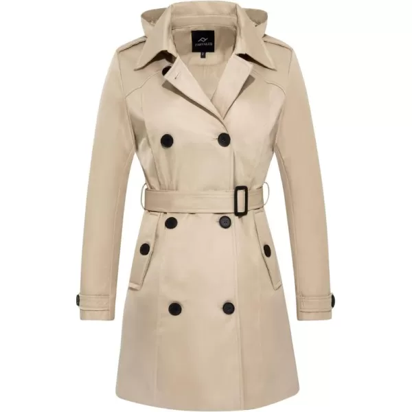 imageFARVALUE Womens Waterproof Trench Coat Double Breasted Windbreaker Classic Belted Lapel Overcoat with Removable HoodKhaki