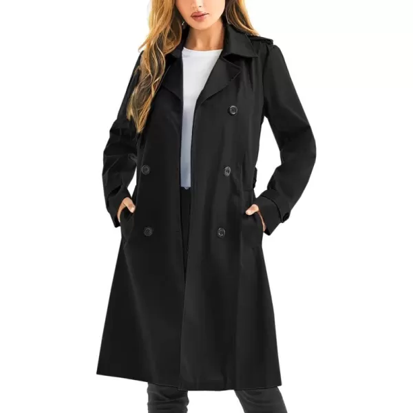 imageFARVALUE Womens Waterproof Trench Coat Long Double Breasted Windbreaker Classic Belted Lapel Overcoat with Removable HoodBlack