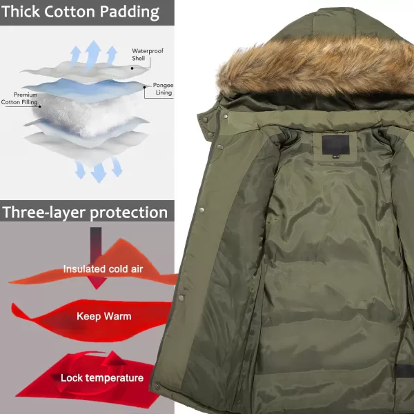 imageFARVALUE Boy Winter Coat Warm Quilted Puffer Water Resistant Parka Jacket with Detachable Fur Hood for Big BoysArmy Green