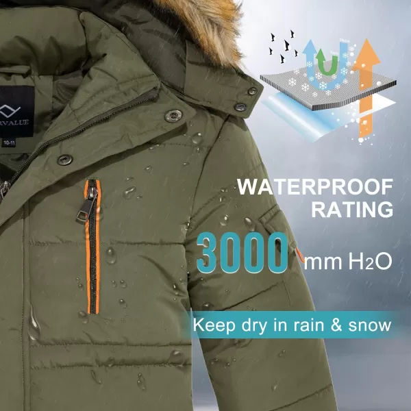 imageFARVALUE Boy Winter Coat Warm Quilted Puffer Water Resistant Parka Jacket with Detachable Fur Hood for Big BoysArmy Green
