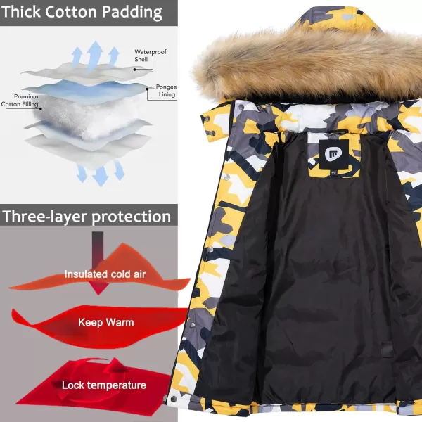imageFARVALUE Boy Winter Coat Warm Quilted Puffer Water Resistant Parka Jacket with Detachable Fur Hood for Big BoysCamo