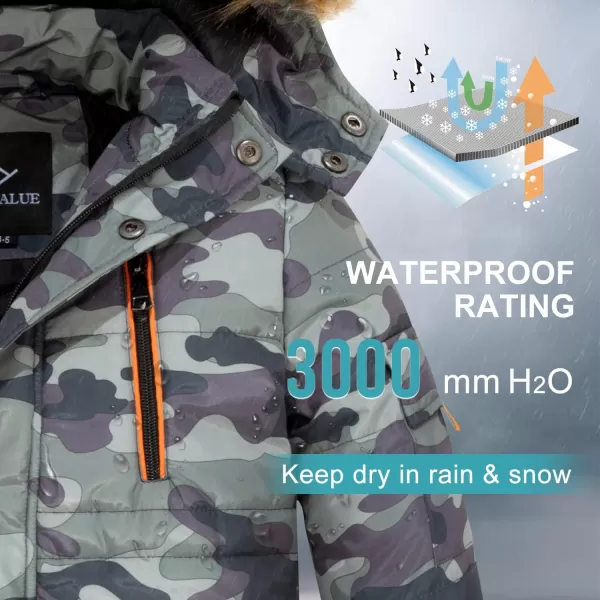 imageFARVALUE Boy Winter Coat Warm Quilted Puffer Water Resistant Parka Jacket with Detachable Fur Hood for Big BoysCamo