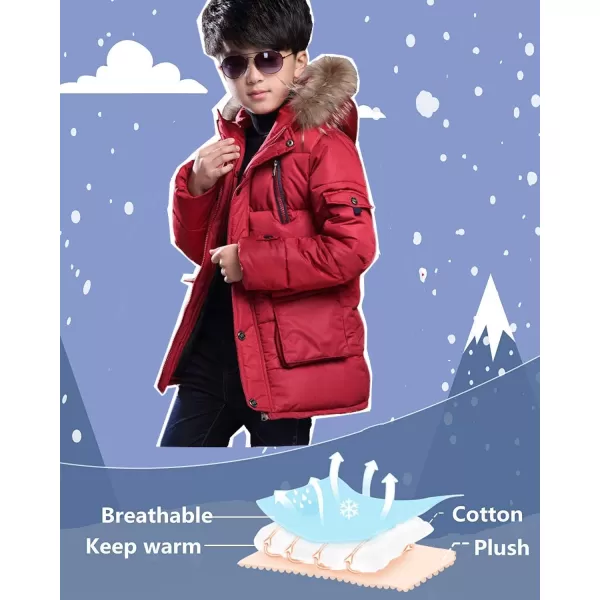 imageFARVALUE Boy Winter Coat Warm Quilted Puffer Water Resistant Parka Jacket with Detachable Fur Hood for Big BoysRed