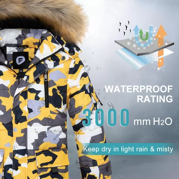 imageFARVALUE Boy Winter Coat Warm Quilted Puffer Water Resistant Parka Jacket with Detachable Fur Hood for Big BoysYellow Camo