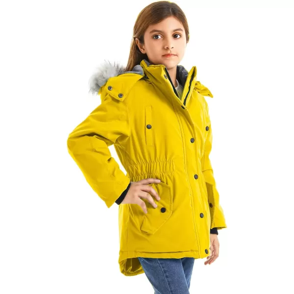 imageFARVALUE Girls Long Winter Coats Warm Parka Lined Puffer Jacket Thicken Fleece Hooded Coat with Fur Collar for GirlsYellow