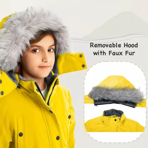 imageFARVALUE Girls Long Winter Coats Warm Parka Lined Puffer Jacket Thicken Fleece Hooded Coat with Fur Collar for GirlsYellow