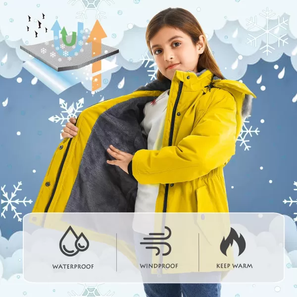 imageFARVALUE Girls Long Winter Coats Warm Parka Lined Puffer Jacket Thicken Fleece Hooded Coat with Fur Collar for GirlsYellow