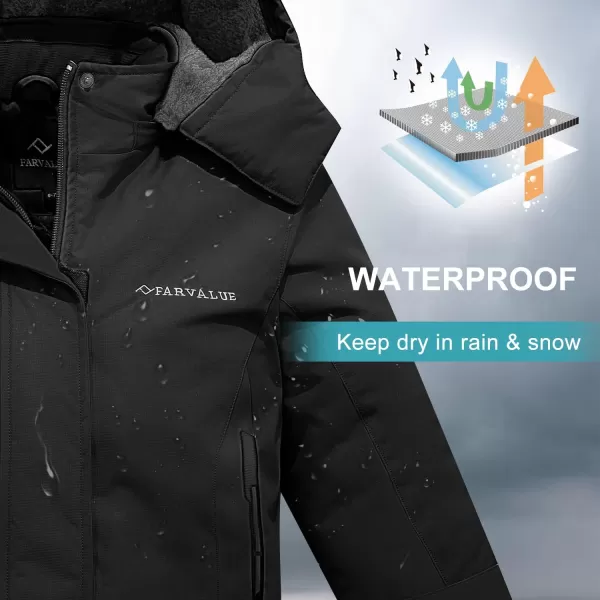 imageFARVALUE Girls Waterproof Ski Jacket Windproof Winter Coat Warm Fleece Snow Coat Outdoor Raincoats HoodedBlack