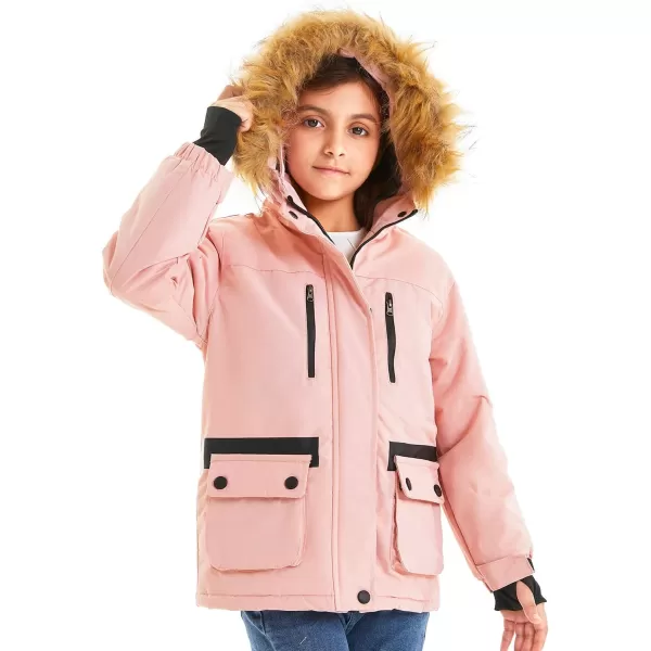 imageFARVALUE Girls Waterproof Ski Jacket Windproof Winter Coat Warm Fleece Snow Coat Outdoor Raincoats HoodedPale Pink