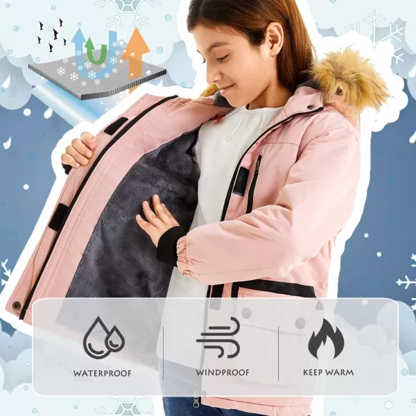 imageFARVALUE Girls Waterproof Ski Jacket Windproof Winter Coat Warm Fleece Snow Coat Outdoor Raincoats HoodedPale Pink