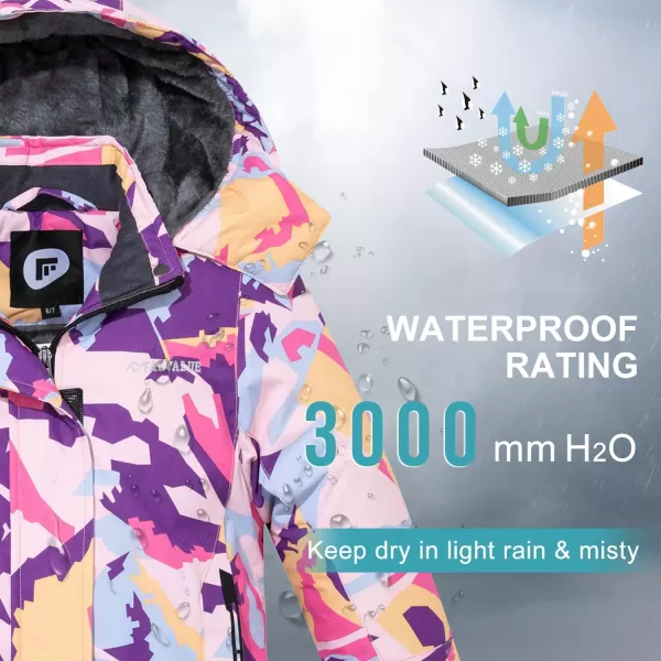 imageFARVALUE Girls Waterproof Ski Jacket Windproof Winter Coat Warm Fleece Snow Coat Outdoor Raincoats HoodedPurple Camo