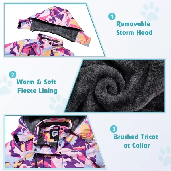 imageFARVALUE Girls Waterproof Ski Jacket Windproof Winter Coat Warm Fleece Snow Coat Outdoor Raincoats HoodedPurple Camo