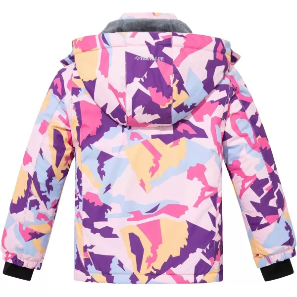 imageFARVALUE Girls Waterproof Ski Jacket Windproof Winter Coat Warm Fleece Snow Coat Outdoor Raincoats HoodedPurple Camo