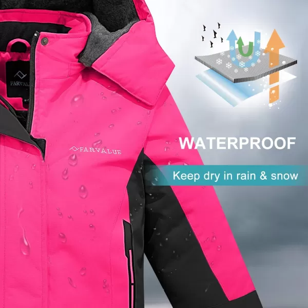 imageFARVALUE Girls Waterproof Ski Jacket Windproof Winter Coat Warm Fleece Snow Coat Outdoor Raincoats HoodedRose Red