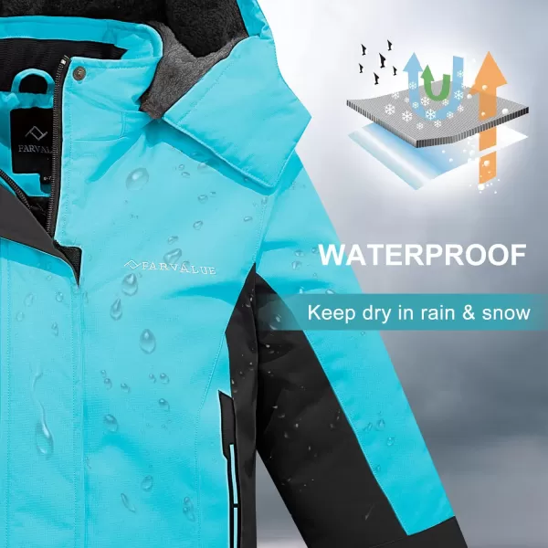 imageFARVALUE Girls Waterproof Ski Jacket Windproof Winter Coat Warm Fleece Snow Coat Outdoor Raincoats HoodedSky Blue