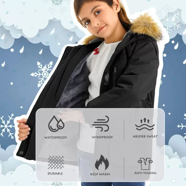 imageFARVALUE Girls Waterproof Ski Jacket Windproof Winter Coat Warm Fleece Snow Coat Outdoor Raincoats HoodedZblack