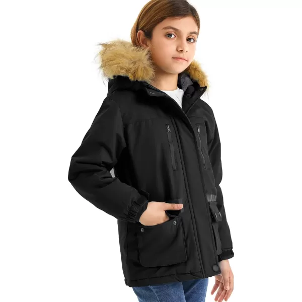 imageFARVALUE Girls Waterproof Ski Jacket Windproof Winter Coat Warm Fleece Snow Coat Outdoor Raincoats HoodedZblack