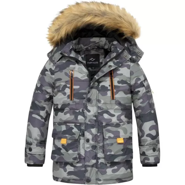 imageFARVALUE Boy Winter Coat Warm Quilted Puffer Water Resistant Parka Jacket with Detachable Fur Hood for Big BoysCamo