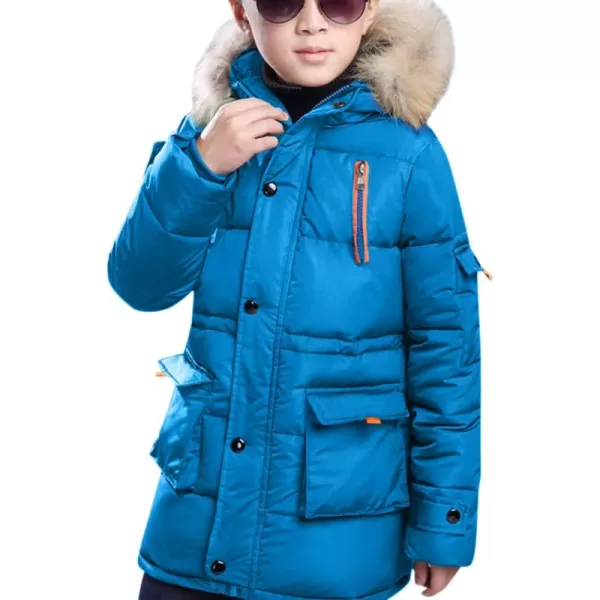 imageFARVALUE Boy Winter Coat Warm Quilted Puffer Water Resistant Parka Jacket with Detachable Fur Hood for Big BoysLight Blue