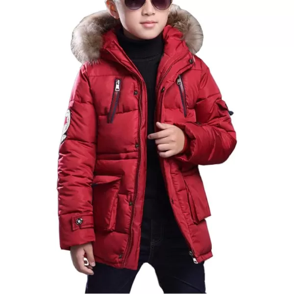 imageFARVALUE Boy Winter Coat Warm Quilted Puffer Water Resistant Parka Jacket with Detachable Fur Hood for Big BoysRed