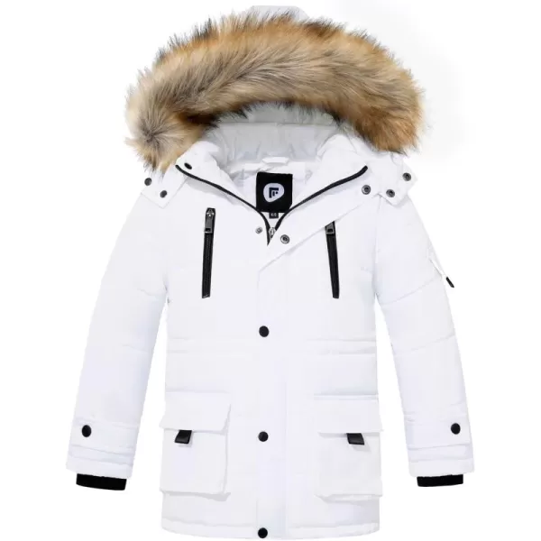 imageFARVALUE Boy Winter Coat Warm Quilted Puffer Water Resistant Parka Jacket with Detachable Fur Hood for Big BoysWhite