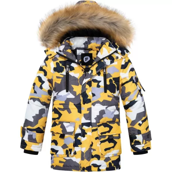 imageFARVALUE Boy Winter Coat Warm Quilted Puffer Water Resistant Parka Jacket with Detachable Fur Hood for Big BoysYellow Camo