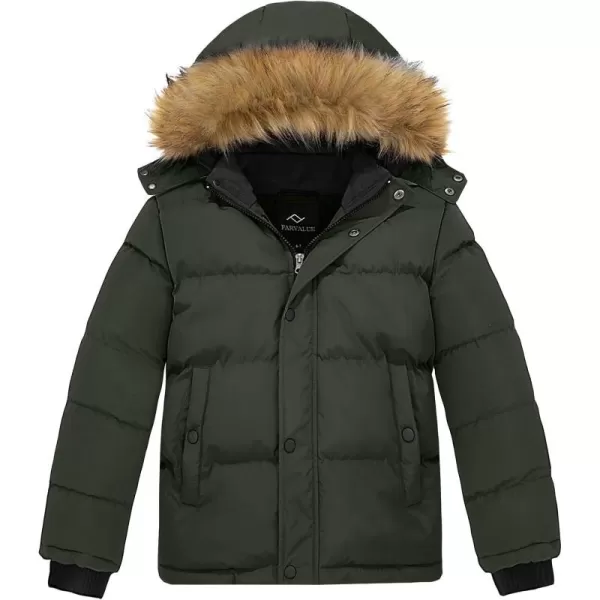imageFARVALUE Boys Water Resistant Winter Coat Warm Quilted Puffer Jacket Hooded Parka Thicken Down Jacket for BoysArmy Green