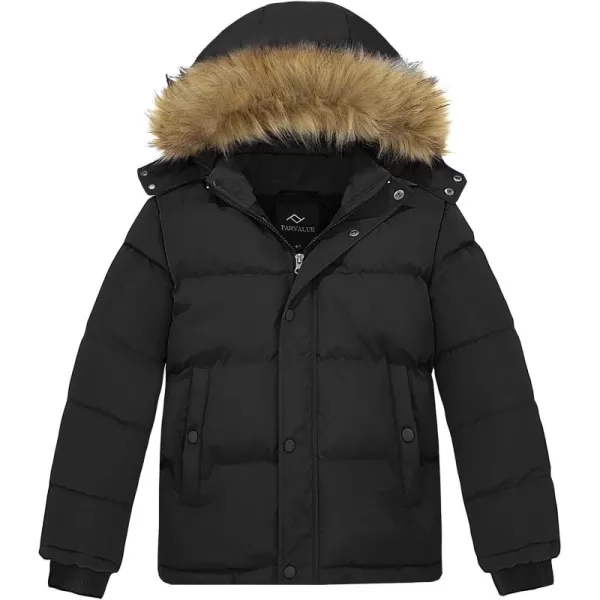 imageFARVALUE Boys Water Resistant Winter Coat Warm Quilted Puffer Jacket Hooded Parka Thicken Down Jacket for BoysBlack