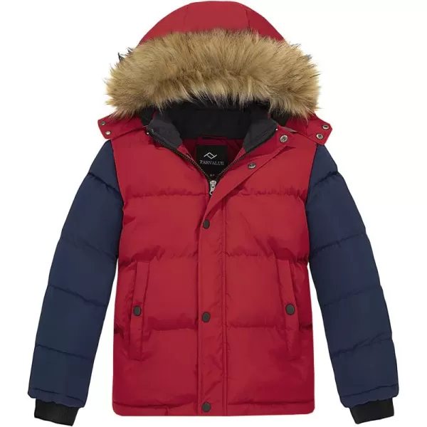 imageFARVALUE Boys Water Resistant Winter Coat Warm Quilted Puffer Jacket Hooded Parka Thicken Down Jacket for BoysRed