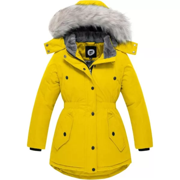 imageFARVALUE Girls Long Winter Coats Warm Parka Lined Puffer Jacket Thicken Fleece Hooded Coat with Fur Collar for GirlsYellow