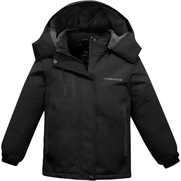 imageFARVALUE Girls Waterproof Ski Jacket Windproof Winter Coat Warm Fleece Snow Coat Outdoor Raincoats HoodedBlack
