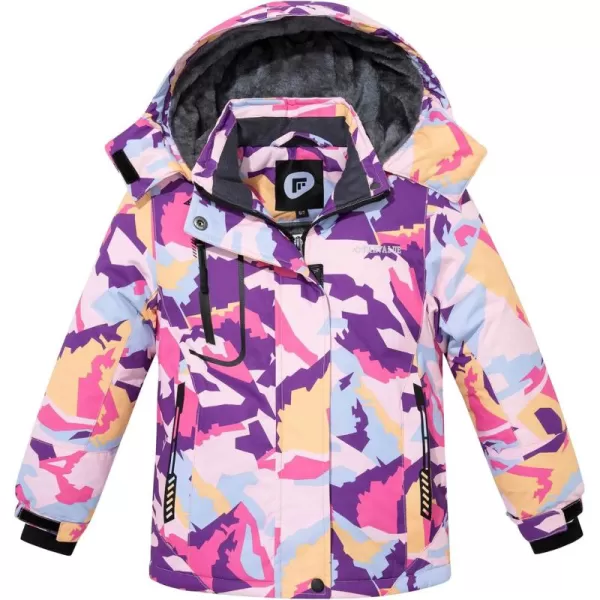 imageFARVALUE Girls Waterproof Ski Jacket Windproof Winter Coat Warm Fleece Snow Coat Outdoor Raincoats HoodedPurple Camo
