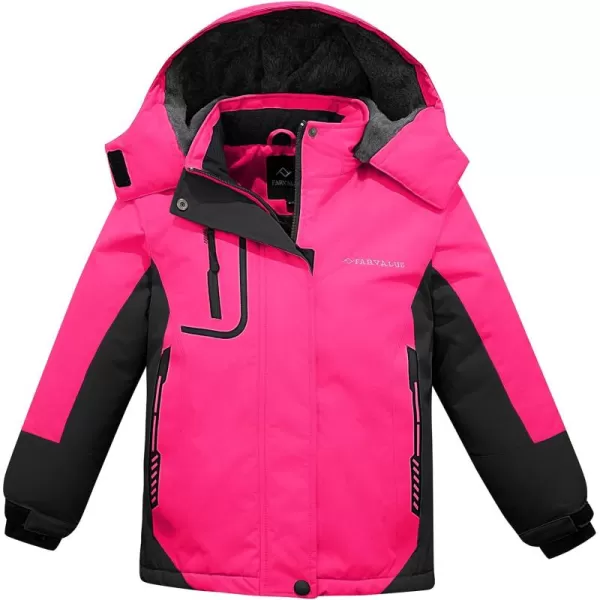 imageFARVALUE Girls Waterproof Ski Jacket Windproof Winter Coat Warm Fleece Snow Coat Outdoor Raincoats HoodedRose Red