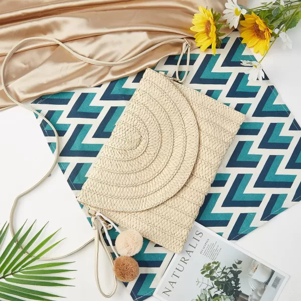 imageFARVALUE Womens Straw Clutch Summer Woven Purse HandBag Beach Straw Envelope Clutch Wallet for WomenBeige