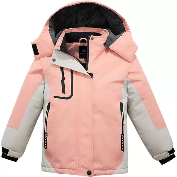 imageFARVALUE Girls Waterproof Ski Jacket Windproof Winter Coat Warm Snow Coat Outdoor Raincoats with Removable Hood Pink 1012
