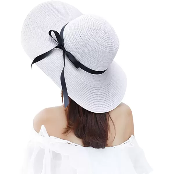 imageFARVALUE Womens Straw Hat UPF 50 Wide Brim Floppy Beach Cap Adjustable Sun Hat for WomenPure White