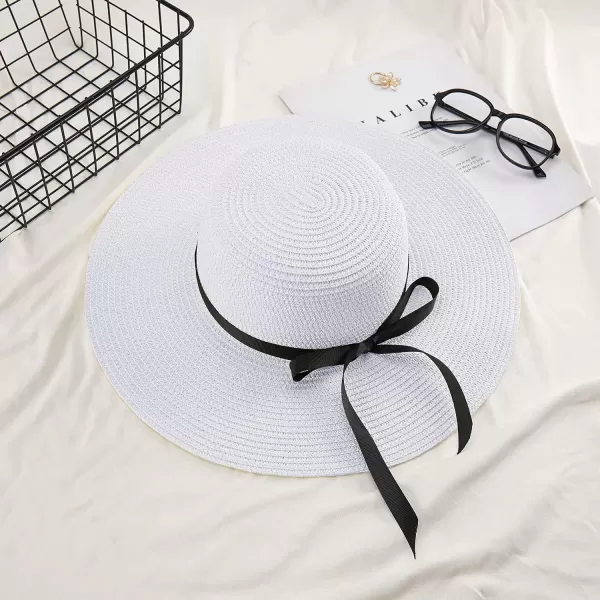imageFARVALUE Womens Straw Hat UPF 50 Wide Brim Floppy Beach Cap Adjustable Sun Hat for WomenPure White