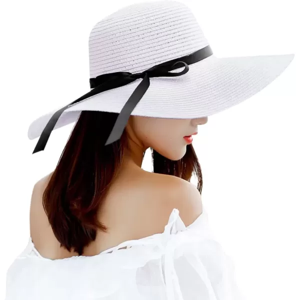 imageFARVALUE Womens Straw Hat UPF 50 Wide Brim Floppy Beach Cap Adjustable Sun Hat for WomenPure White