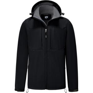 imageFARVALUE Mens Hooded Softshell Jacket Water Resistant Lightweight Insulated Fleece Lined WindbreakerBlack