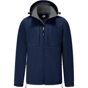 imageFARVALUE Mens Hooded Softshell Jacket Water Resistant Lightweight Insulated Fleece Lined WindbreakerNavy