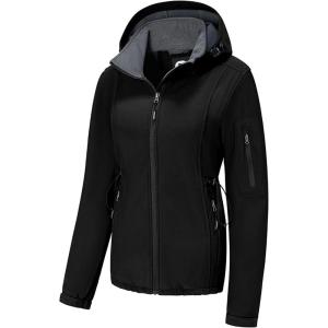 imageFARVALUE Womens Softshell Jacket Waterproof Lightweight Warm Windbreaker with Removable Hood Fleece Lined for Outdoor HikingBlack