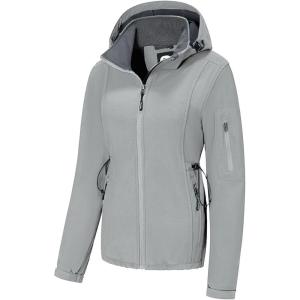 imageFARVALUE Womens Softshell Jacket Waterproof Lightweight Warm Windbreaker with Removable Hood Fleece Lined for Outdoor HikingLighr Grey