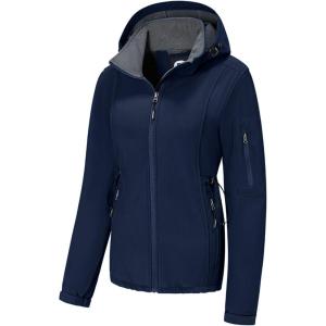 imageFARVALUE Womens Softshell Jacket Waterproof Lightweight Warm Windbreaker with Removable Hood Fleece Lined for Outdoor HikingNavy